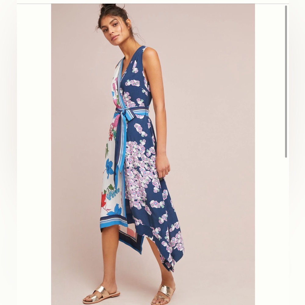 Anthropologie Blue Floral Wrap Midi Dress